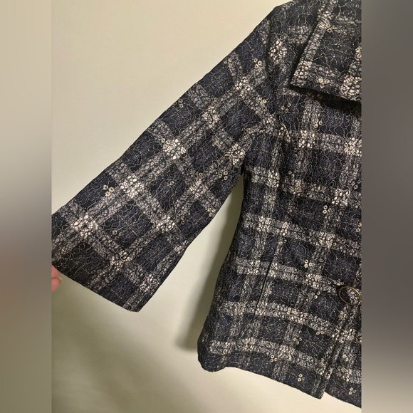 CHICO'S Jacket Size 0 Small Lacey Plaid Jacket Black 3/4 Sleeves - Picture 2 of 8